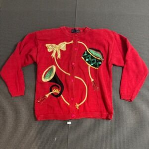 Herman Geist Vintage Red Christmas Cardigan Musical Drum Horn Sequin Sweater M